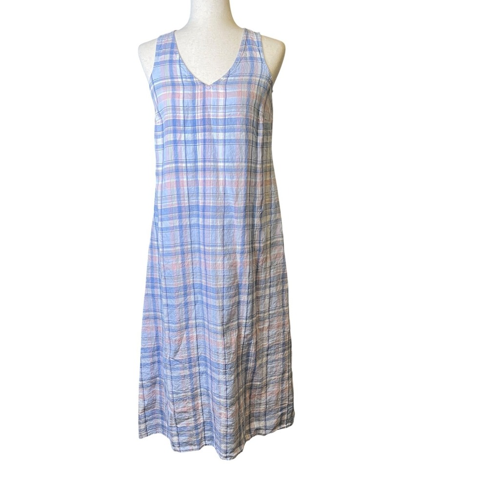 J Jill Love Linen Maxi Dress Women XS Petite Blue Pink Pockets Coastal Lagenlook